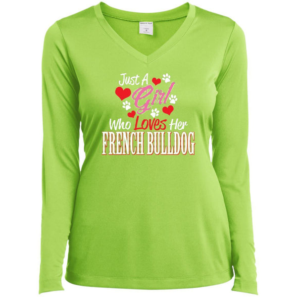 Just Love My Frenchie, Sport-Tek Ladies' LS Performance V-Neck T-Shirt - 4 Terriers Only