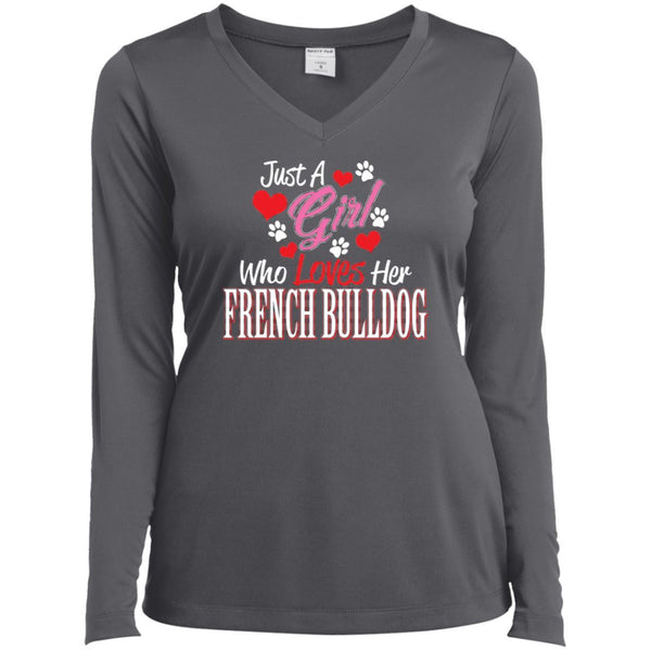 Just Love My Frenchie, Sport-Tek Ladies' LS Performance V-Neck T-Shirt - 4 Terriers Only