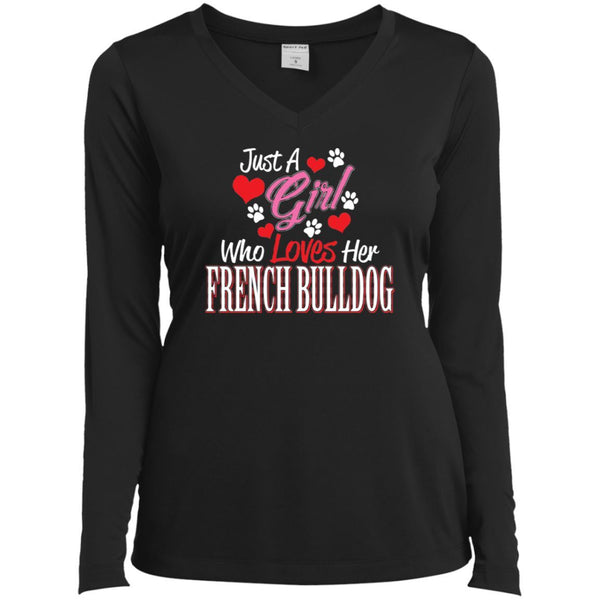 Just Love My Frenchie, Sport-Tek Ladies' LS Performance V-Neck T-Shirt - 4 Terriers Only