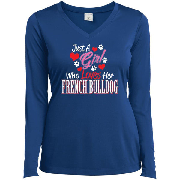 Just Love My Frenchie, Sport-Tek Ladies' LS Performance V-Neck T-Shirt - 4 Terriers Only