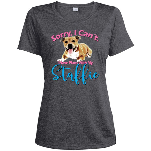 Plans With My Staffie, Ladies Heather Dri-Fit Moisture-Wicking T-Shirt - 4 Terriers Only