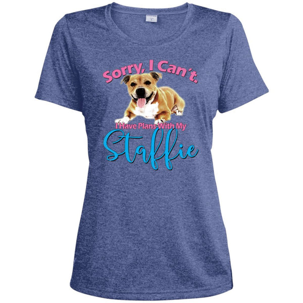 Plans With My Staffie, Ladies Heather Dri-Fit Moisture-Wicking T-Shirt - 4 Terriers Only