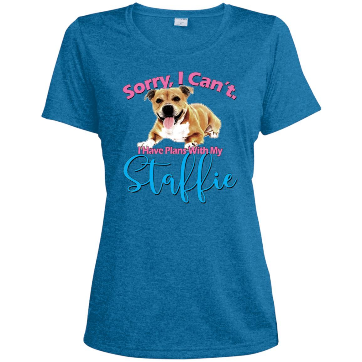 Plans With My Staffie, Ladies Heather Dri-Fit Moisture-Wicking T-Shirt - 4 Terriers Only