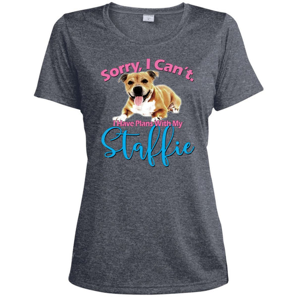 Plans With My Staffie, Ladies Heather Dri-Fit Moisture-Wicking T-Shirt - 4 Terriers Only