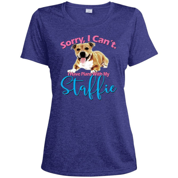 Plans With My Staffie, Ladies Heather Dri-Fit Moisture-Wicking T-Shirt - 4 Terriers Only